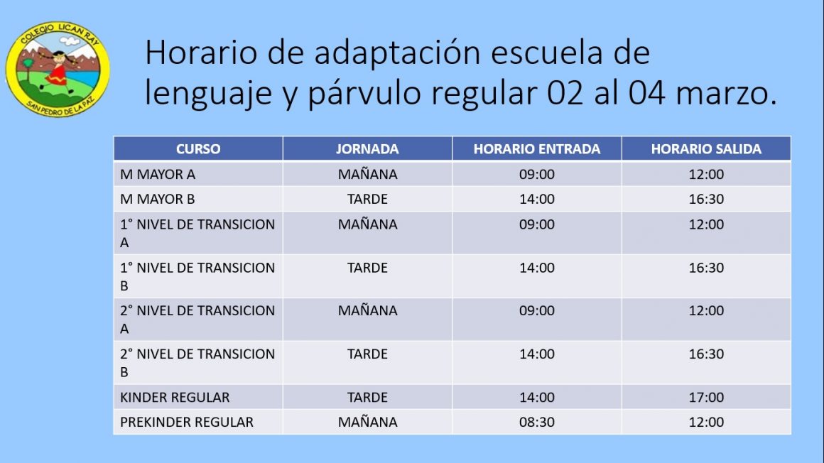 Horario de adaptación escuela de lenguaje y párvulo regular