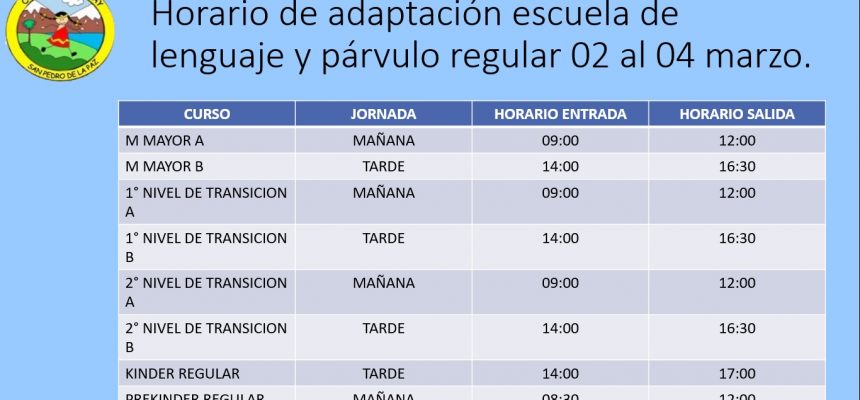 Horario de adaptación escuela de lenguaje y párvulo regular